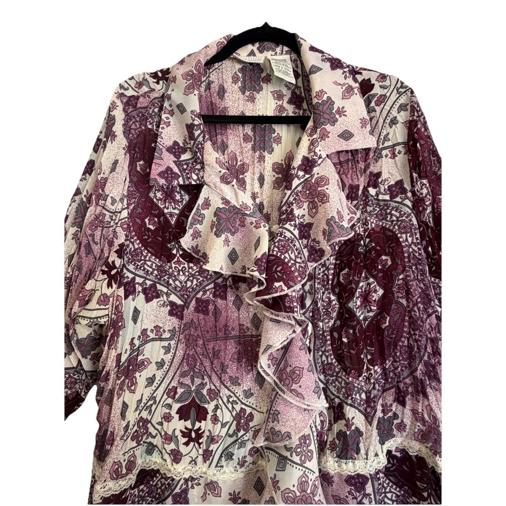 White Stag Floral Collared‎ Ruffle Chiffon Sheer Blouse Pink Purple Sz 22W/24W